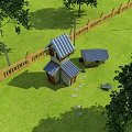 Cartoon Country Scene With Two Story House Blue Roof Small Shed Green Grass And Trees