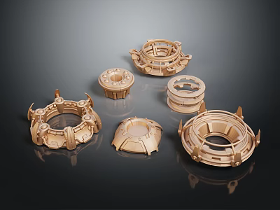 Cartoon Style Wooden Gear Parts With Different Sizes And Shapes On Black Background 3d model