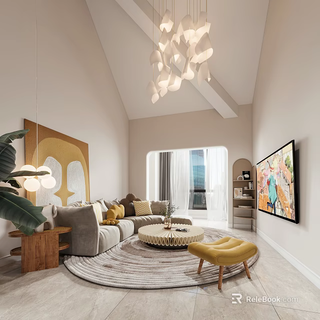 Modern Living Room With Curved Sofa Round Coffee Table And Chandelier 3d model 