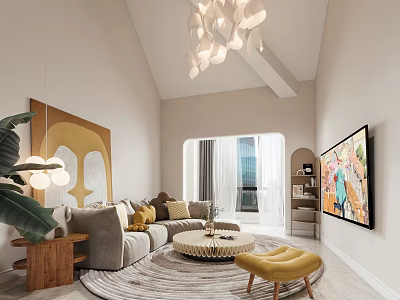 Modern Living Room With Curved Sofa Round Coffee Table And Chandelier 3d model