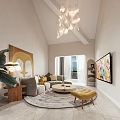 Modern Living Room With Curved Sofa Round Coffee Table And Chandelier