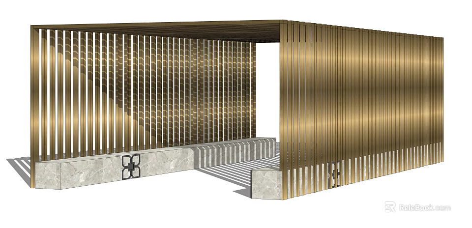 Modern Golden Pergola Design With Vertical Slats And Marble Base Decorative Patterns 3d model 