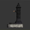 Black Fire Hydrant With Hexagonal Concrete Base Pointed Top Orange Outlet And Round Cover