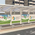 Urban Public Bus at Shelter Stop with SGCP Billboards Benches and Green Grass