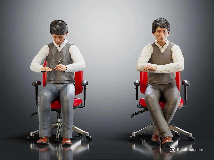Two men sitting on red office chairs checking watches on their wrists against gray background 3d model 