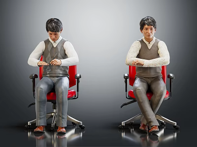 Two men sitting on red office chairs checking watches on their wrists against gray background 3d model
