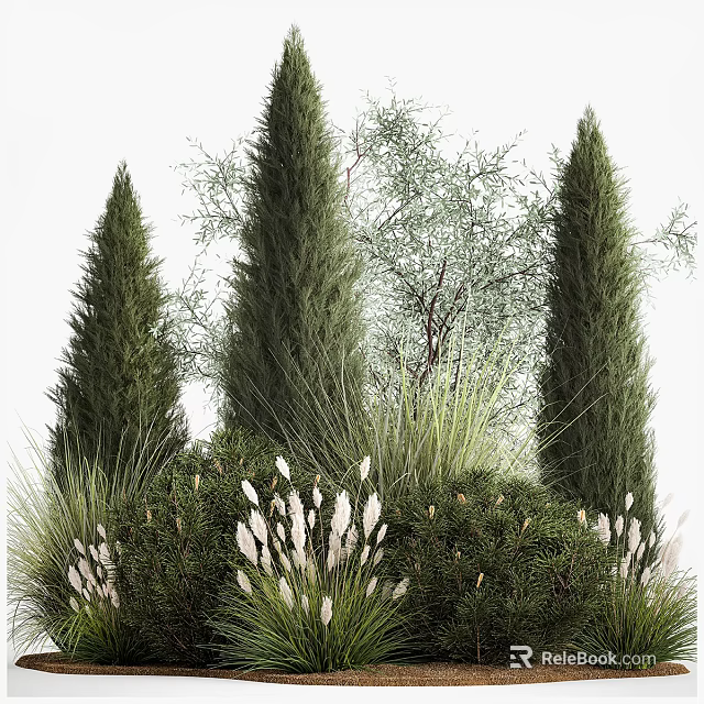 Lush Diverse Shrubs With Tall Evergreen Trees Green Grasses And White Flowers 3d model 
