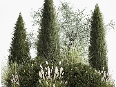 Lush Diverse Shrubs With Tall Evergreen Trees Green Grasses And White Flowers 3d model