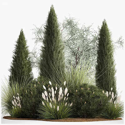 Lush Diverse Shrubs With Tall Evergreen Trees Green Grasses And White Flowers 3d model