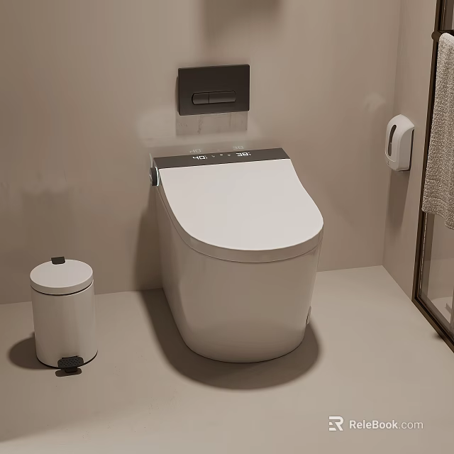 Modern Bathroom Interior With Smart Toilet Trash Bin And Toilet Paper Holder 3d model 