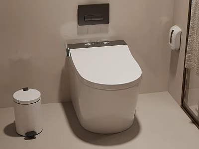Modern Bathroom Interior With Smart Toilet Trash Bin And Toilet Paper Holder 3d model