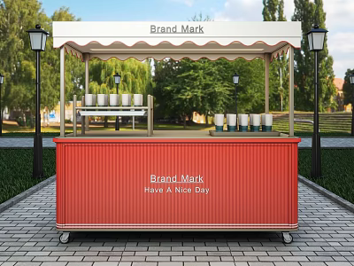 Brand Mark Red Mobile Stall For Home And About Day With Canopy And Street Lamps 3d model