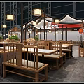 Traditional Roof Open Layout Restaurant With Dining Tables Green Plants And Modern Glass Walls