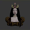 Elegant Queen Character With Golden Crown Pink Gem Long Black Hair And Gold Patterned Outfit