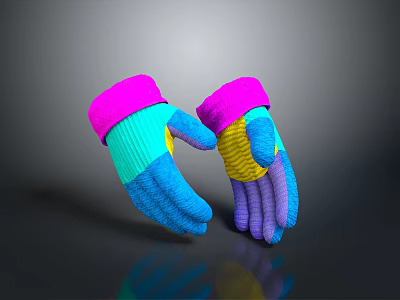 Colorful Knitted Winter Gloves With Pink Cuffs And Multicolor Fingers 3d model