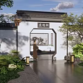 Traditional Chinese Scenic Wall with Plaque Green Plants Stone Path and Trees