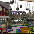 Indoor Playground With Hanging Spherical Lights Colorful Structures Slide Green Plants And Decorative Elements