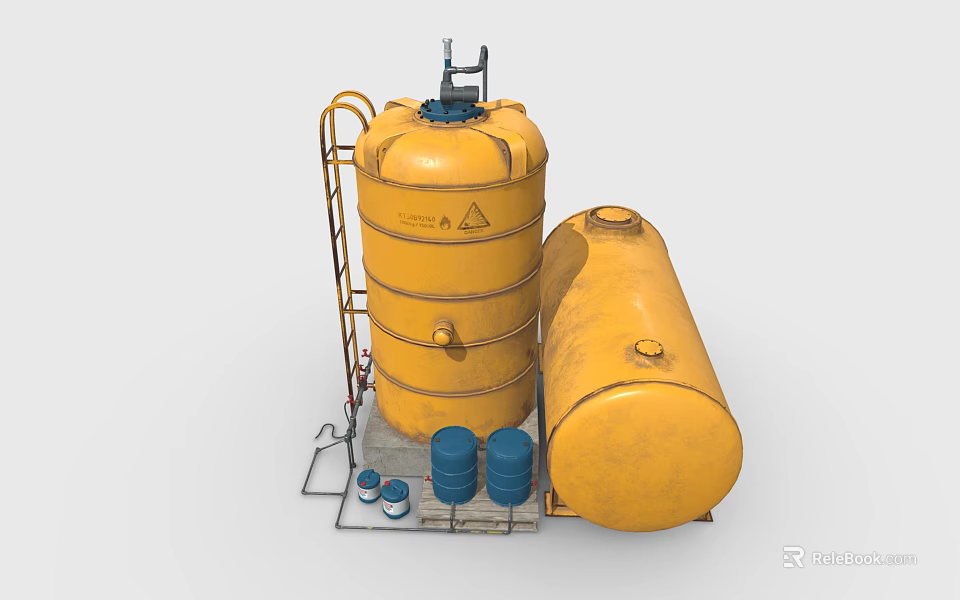 Industrial Storage Tanks Setup With Yellow Containers Blue Barrels Ladder And Platform 3d model 
