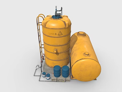 Industrial Storage Tanks Setup With Yellow Containers Blue Barrels Ladder And Platform 3d model