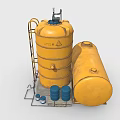 Industrial Storage Tanks Setup With Yellow Containers Blue Barrels Ladder And Platform