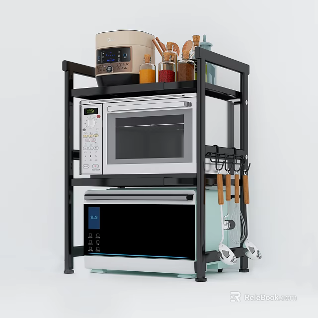 Functional Kitchen Rack With Microwave Oven Spice Bottles And Cooking Utensils 3d model 
