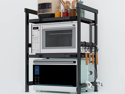 Functional Kitchen Rack With Microwave Oven Spice Bottles And Cooking Utensils 3d model