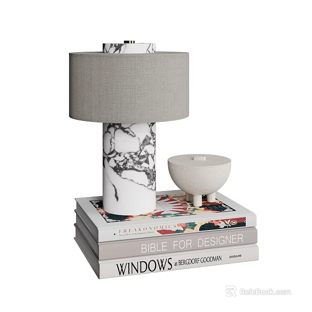 Decorative Ornament Set With Marble Table Lamp Gray Lampshade White Candle Holder And Book Stack 3d model 