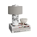 Decorative Ornament Set With Marble Table Lamp Gray Lampshade White Candle Holder And Book Stack