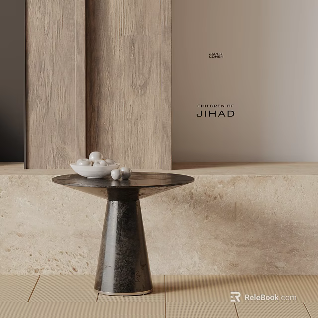 Modern Round Side Table With Black Base And White Bowl On Wooden Wall Beige Floor 3d model 
