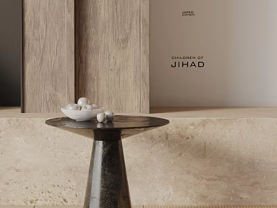 Modern Round Side Table With Black Base And White Bowl On Wooden Wall Beige Floor 3d model