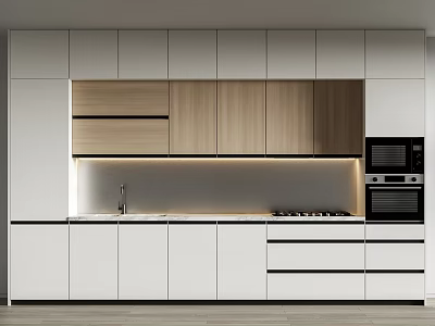Modern Kitchen Interior With White Cabinets Wooden Upper Units Sink And Oven Appliances 3d model