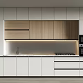 Modern Kitchen Interior With White Cabinets Wooden Upper Units Sink And Oven Appliances