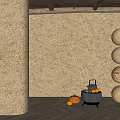Textured Rustic Brown Wall With Stacked Woven Balls Black Container And Pumpkins On Wooden Floor