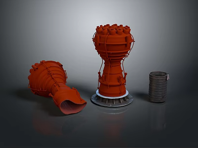 Red Rocket Engine Components With Metallic Texture On Gray Background 3d model