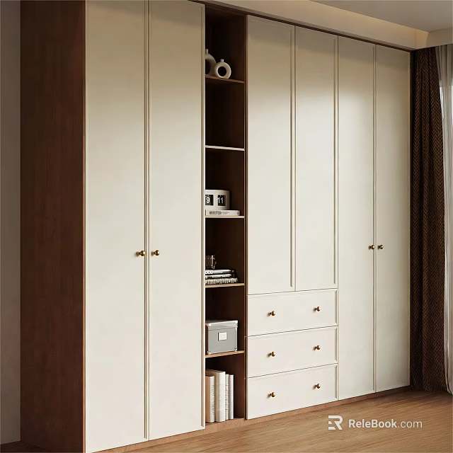 Modern Wardrobe Interior Design With White Doors Brown Open Shelves And Drawers 3d model 