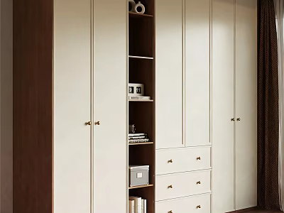 Modern Wardrobe Interior Design With White Doors Brown Open Shelves And Drawers 3d model