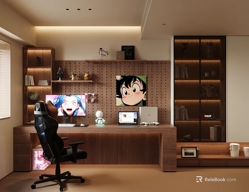Modern Entertainment Room With Gaming Chair Computer Anime Posters And Wooden Shelves 3d model 