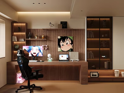Modern Entertainment Room With Gaming Chair Computer Anime Posters And Wooden Shelves 3d model