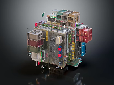 Colorful Layered Modular Architectural Structure With Small Rooms Balconies And Green Plants 3d model