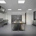 Commercial Kitchen Interior With Stainless Steel Equipment White Tile Walls Central Worktable And Ventilation System