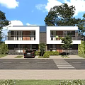 Modern Semi Detached Villa Exterior With Large Windows Greenery Driveway And Car Parked