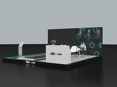 Audi Exhibition Booth With Black Background Hexagon Patterns White Reception Desk Green Plant And Chairs 3d model