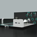 Audi Exhibition Booth With Black Background Hexagon Patterns White Reception Desk Green Plant And Chairs