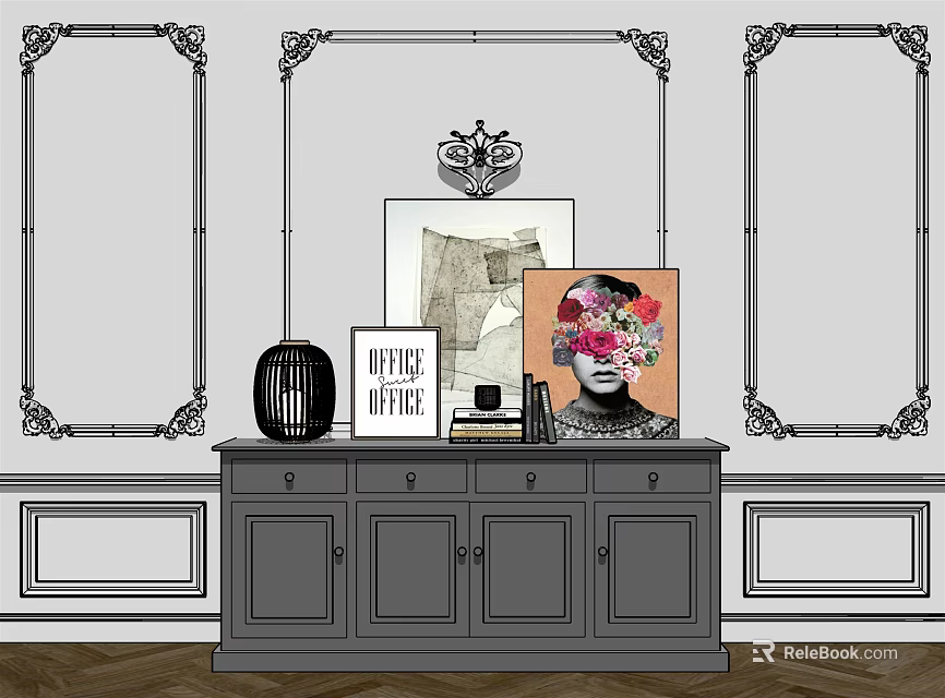 Gray Entryway Side Cabinet With Black Vase Picture Frames Books And Decorative Wall Frames 3d model