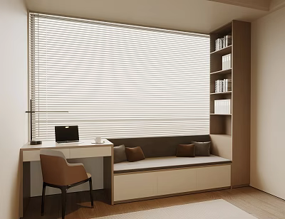Modern Bay Window Interior With Blinds Storage Seat Cushions Bookshelves And Desk Laptop 3d model