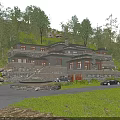Detached Villa With Stone Exterior Brown Roof Green Lawn And Trees