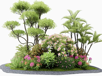 Mixed Plant Combination With Trees Shrubs Pink Flowers And Green Foliage In Garden Arrangement 3d model