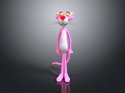 Pink Panther 3D Render with Yellow Eyes White Belly Standing on Gray Background 3d model