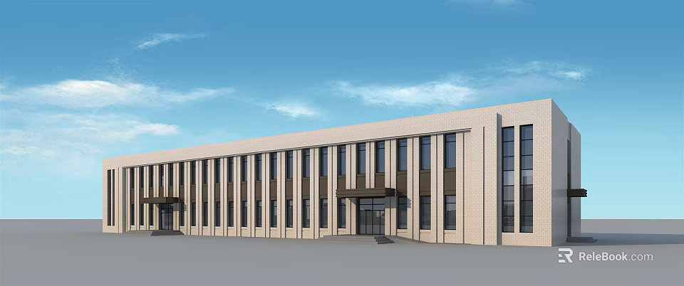 Modern Office Building With Light Colored Facade Large Windows And Blue Sky 3d model