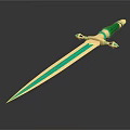 Decorative Sword With Green Handle Golden Decorations And Blue Reflective Blade On Dark Background